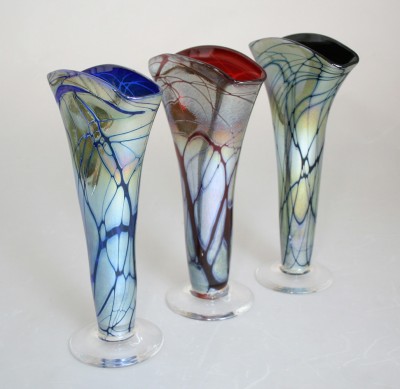 Iridized fan vases, created at Art of Fire, a glassblowing studio located in a renovated dairy barn in Laytonsville that will participate in this fall's Countryside Artisans tour.