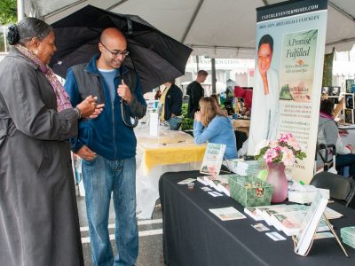 Dozens of vendors offer books and literary-themed merchandise.