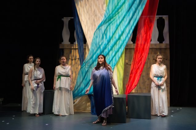 From left, Sophia Varnai, Emma Creekmore, Callie Gompf-Phillips, Sylvie Weissman and Sophie Falvey in Lumina’s 2017 production of Margaret Atwood’s play, “The Penelopiad.”
