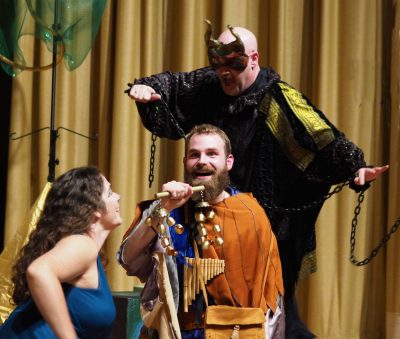 From left, Pamina, Papageno and Monostatos, as played by Melissa Chavez, Joseph Baker and Peter Joshua Burroghs, in Bel Cantanti’s production of “The Magic Flute.”