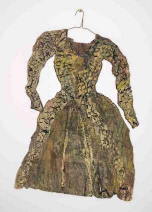Pauline Jakobsberg’s “Clothes For Nude Descending The Stairs,” Free-form monotype with fabric back and metal, 39 by 26 inches