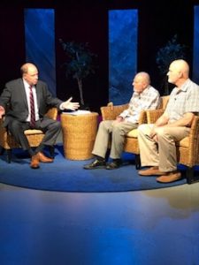 Dr. Harry N. Dunstan, left, founding artistic director of the American Center for Puccini Studies, interviews Professor Gerald Muller, composer of the opera” Vignettes in Passion” and Maurice Saylor, the opera's engraver. 
