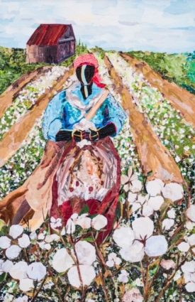 “Cotton,” Sandra Davis’ 24-by-36-inch collaged paper work, depicts a woman amid a critical crop tended by African American slaves.
