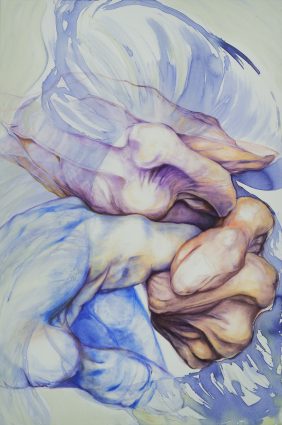 Micheline Klagsbrun’s mixed media on canvas work, “My hands, mother's hands- Blue Magnolia.