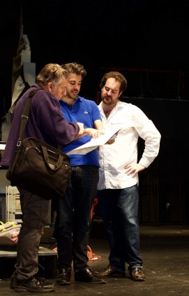 Rolando and Kristofer Sanz confer with Broadway mentor Stephen Schwartz in 2016